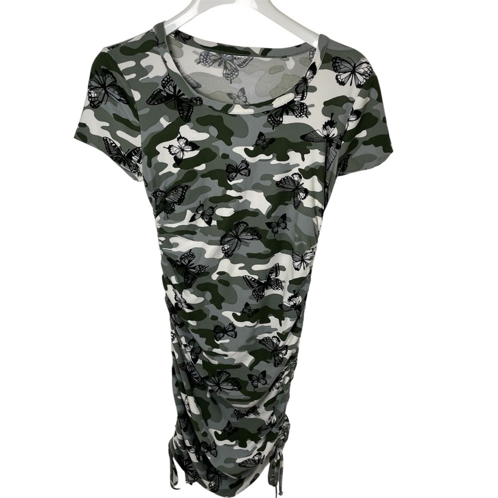 Side-Ruched‎ Y2K Camo Butterfly Dress, M